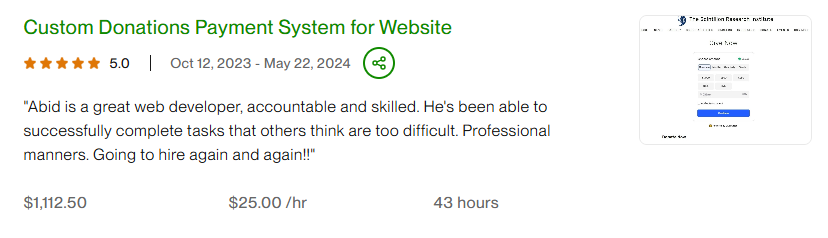 Verified Upwork client review on Upwork